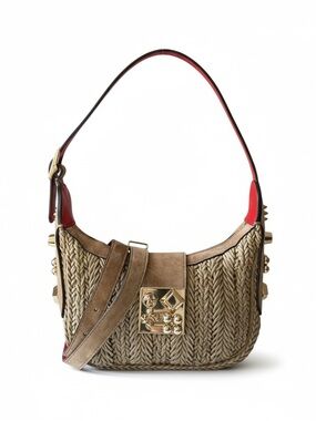 Christian Louboutin Carasky Mini Raffia Bag Gold Stud Crossbody Shoulder